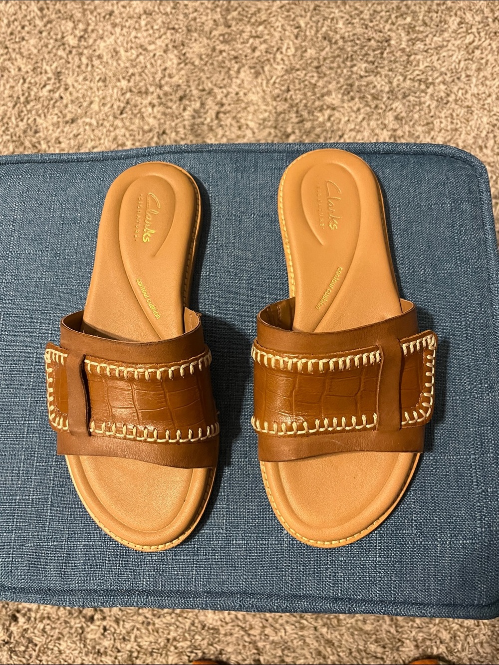 Clarks Tan/Brown Leather Slide Sandals with Stitch Detail - Picture 2 of 4